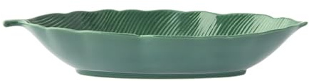 COFFRET PLAT CREUX 36x16CM FORME FEUILLE TROPICAL VERT FONCE EN PORCELAINE