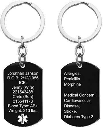 Alerte médicale personnalisée, identification médicale d'urgence, plaque d'identité gravée, pendentif militaire, porte-clés pour hommes, femmes, adolescents, allergies