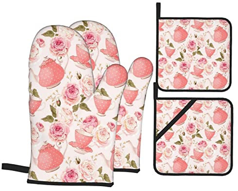 Guanti da forno e presine Set da 4, Tazze da tè in stile vintage con rose Stampa dal design romantico shabby chic, Guanti da forno resistenti al calore Set di presine per cucina Cottura alla griglia