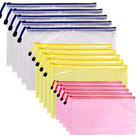 Dokumententasche A4+A5+A6,15 Stücke Mesh Kunststoff Reißverschlusstasche,Taschen mit Reißverschluss wasserdicht für Datei, Papier, Kosmetik und Reisen, 3 Farben
