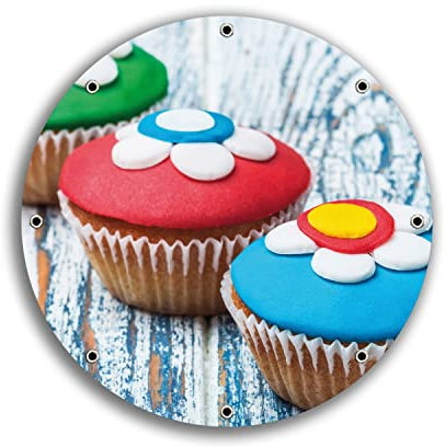 Wallario rundes Outdoor-Poster für Garten oder Balkon Bunte Muffins - Alter Holztisch - Stillleben, Motivbanner 30 cm Durchmesser