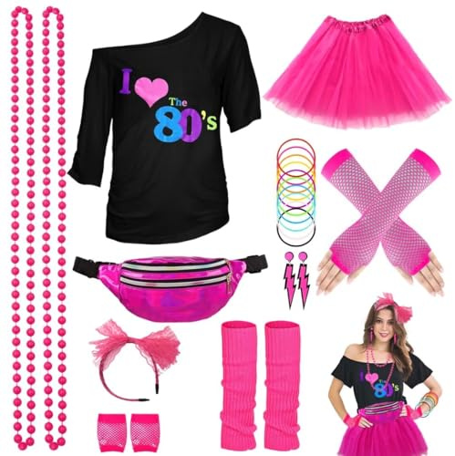 80er Jahre Outfit Damen Set, T-Shirt, Tutu, Gürteltasche, Stirnband, Ohrring, Halskette, Netzhandschuhe, 80er Jahre Kleidung Kostüm Neon Accessoires Thema Party Karneval Clothes-80SLove-Pink-L