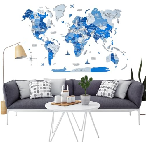 ENJOY THE WOOD Mapa de Pared de Madera Decorativo - Mapas del Mundo de Madera de Colores para Pared con Ríos y Lagos - Arte de Viajes para Pared en Todos los Tamaños (XL, Azure)