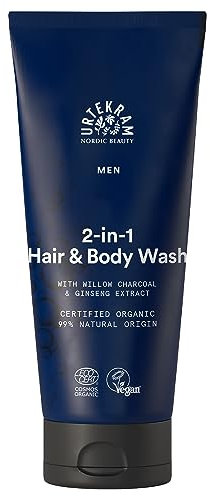 Urtekram - Men's 2en1 Gel de Ducha y Champú Hombre, Con Extracto de Ginseng y Carbón de Sauce Orgánico, Refrescante y Revitalizante, Cabello & Cuerpo, 200 ml, De Origen Vegano, Orgánico y Natural
