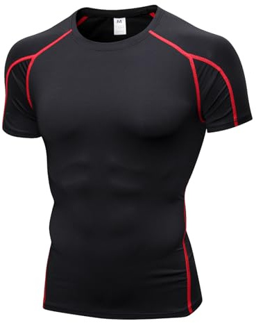 Tee Shirt Compression Homme Manches Courtes, T Shirt Sport Séchage Rapide Respirant Maillot Running Baselayer Haut Noir Rouge L