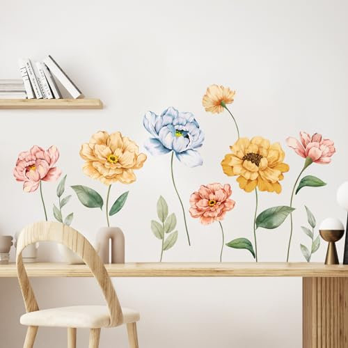 Tanlaby Stickers Muraux Aquarelle Fleur Autocollants Muraux Pivoine Coloré Floral Sticker Mural Amovible Sticker pour Salon Chambre Bureau Canapé Fond TV Décoration Murale