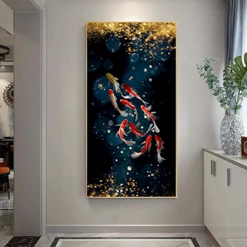AWKFHF Koi Fisch Lotus Teich Bilder,Leinwandbild Poster Kunstdruck Wohnzimmer Deko Schlafzimmer Bilder Wanddekoration (70X140CM,ohne Rahmen)