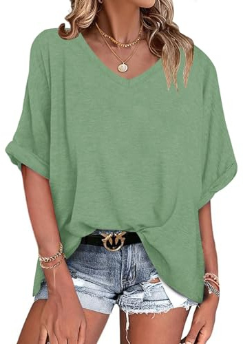 WNEEDU Maglietta Donna Estate Collo a V Oversize T Shirt Manica Corta Camicetta Estiva Camicia Allentata Leggera e Ariosa Verde Pisello M