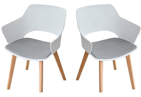 JZGORC Set di 2 Sedie da Pranzo Moderne, Sedia da Pranzo in Stile Nordico con Braccioli, Gambe in Faggio, Sedia da Cucina Imbottita in Plaid di Lino - Bianco