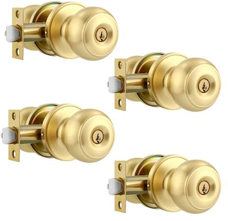 Karlstone 4 Pack Gold Ball Door Knob, Satin Brass Round Front Door Handle Gold Entry Door Lock for Right or Left Handed Doors
