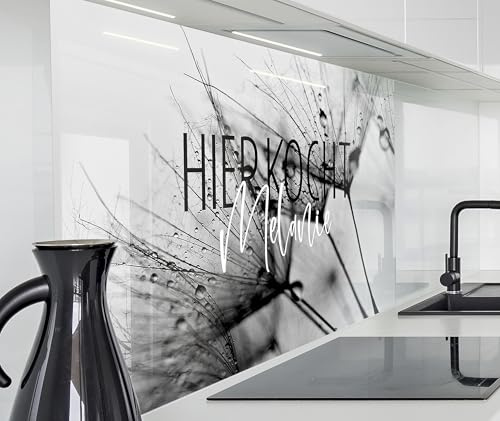 Herd Spritzschutz Wand Spüle, Küche Küchenrückwand Glasoptik | Acryl Glas 2mm | Glasrückwand Acrylglas - personalisiert mit Namen - Rückwandschutz Platte | 100x50cm Pusteblume, Löwenzahn schwarz-weiß