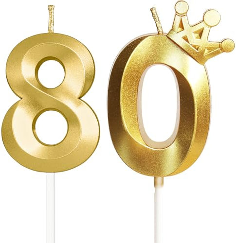 Velas para 80º cumpleaños, vela número 80, velas doradas, vela de cumpleaños para tarta con corona, vela de cumpleaños de boda, decoraciones de pastel fiesta de cumpleaños, celebración