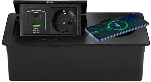 Toma De Corriente Empotrada Para Escritorio,Enchufe Emergente Con Cargador Inalámbrico Rápido De 15 W,PD 20 W Usb (A+C), Enchufe Integrado Para Encimeras De Oficina,Cocina Y Hogar,Black-EU-plug