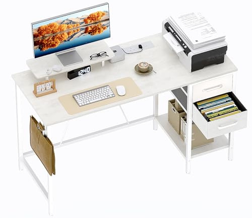 Xyphren Computer Desk with Drawers & Power Outlets, 100 cm Office Desk with Storage Monitor Stand, Reversible Small Black Desks for Home Office Bedroom White