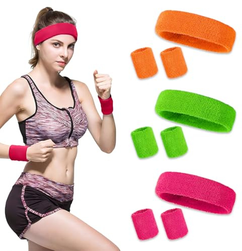 9 Stück Schweißband Set, Stirnband Sport, 80er 90er Jahr Schweissband, Neon Schweißband Kopf, Kinder Schweißbänder Stirnband Armband Set, für Damen Herren Basketball Tennis Fitnessstudio