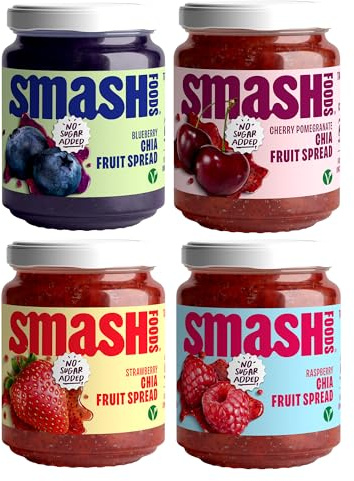 Smash Foods Jam | Variety 4 Pack | Low-Calorie, No Sugar Added Keto Jam with Upcycled Fruit & Chia Seeds | Vegan, Paleo Superfood Fruit Spread | Strawberry, Blueberry, Raspberry, Cherry Pomegranate