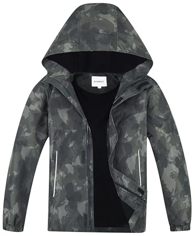KFRRZC Boys Rain Jackets Waterproof Hooded fleece Raincoats Lightweight Windbreakers for Kids(Olive Gray,8-9)