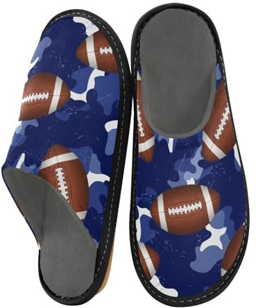 JUNZAN Pantofole a forma di pallone da calcio americano, da donna, in memory foam, per camera da letto, interni, blu mimetico, Blu mimetico., 9-10 Women/10-11 Men