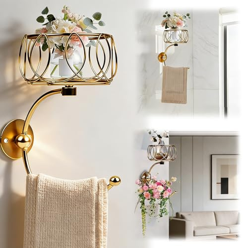 Round Towel Ring Towel Holder, Antique Brushed Brass Towel Holder with Candle Holder, Gold Towel Holders Wall Mounted, Heavy Duty Candle Holder for Bathroom Kitchen Accessories