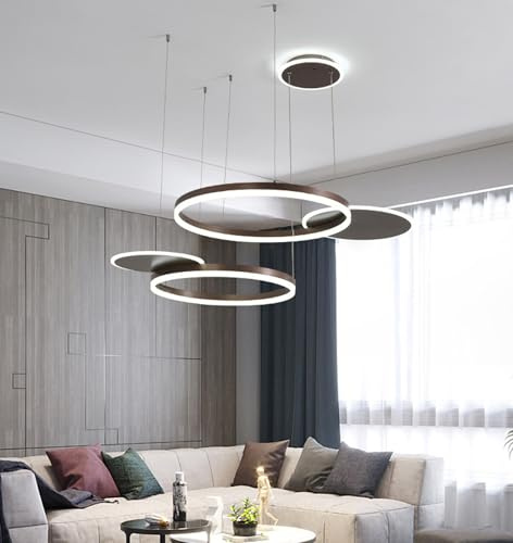 Moderne LED Pendelleuchte Wohnzimmer,Dimmbare 3000K-6000K Pendellampe,10%–100%,mit Fernbedienung Hängelampe,120cm Höhenverstellbar Hängeleuchte,Rund Der Ring Design Wohnzimmerlampe φ80cm (Kaffee)