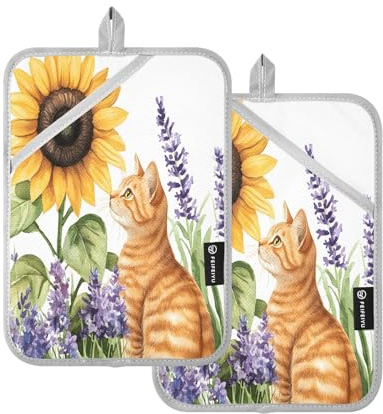Quteprint Confezione da 2 presine, motivo con girasoli estivi ad acquerello, 17,8 x 24,9 cm, guanti da forno resistenti al calore, con tasche antiscivolo, set di presine resistenti al calore a 170 °C