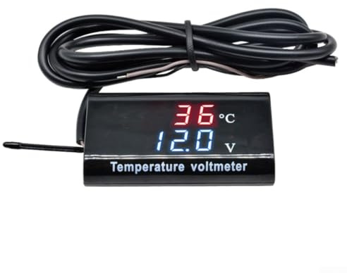 0 Thermomètre numérique à double affichage LED de 28 pouces et voltmètre DC 12 V à deux fils avec boîtier étanche pour lecture de tension et de température de la batterie du véhicule (rouge bleu)