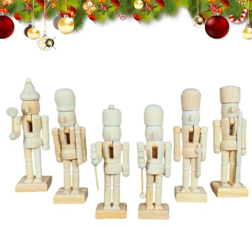 Figuras de cascanueces navideñas - 6 piezas de madera, expositor de vacaciones con acabado sin pintar, decoración festiva, adornos de mesa con construcción robusta, conjunto decorativo para entrada