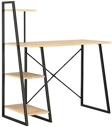 QJBSAVVA Modern Ladder Desk with Shelves, Black & Oak Office Workstation 102 x 50 x 117 cm, Durable Steel Frame Home Study PC Table for Living Room, Bedroom and Small Spaces