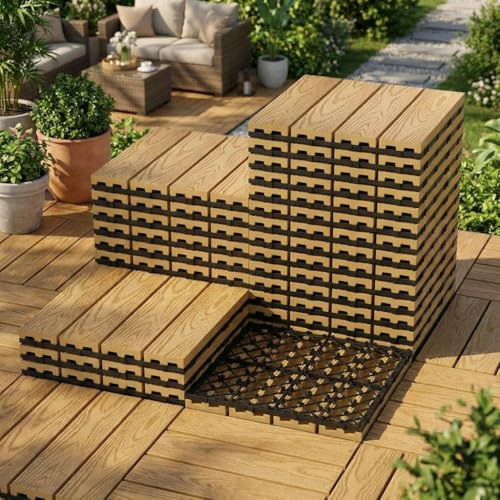 Decking Tiles, 30 x 30 cm Waterproof Interlocking Flooring Tiles, All Weather Use Garden Deck Boards for Indoor Outdoor, Patio Deck Flooring for Balcony,Terrace,Backyard, Hot Tub