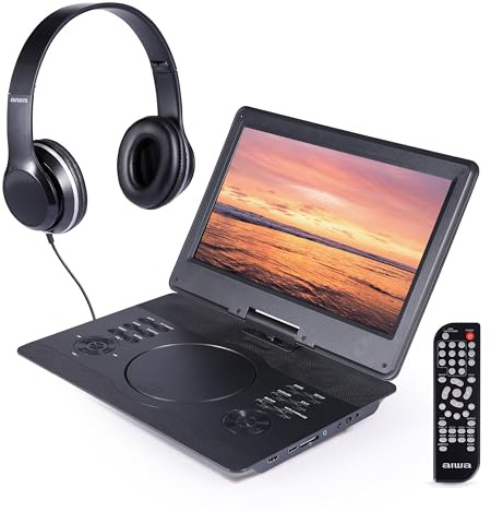 Aiwa - 14 Portable Media Player Travel Kit, DVD & CD Player Portable with Swiveling Screen, Built-in Stereo Speakers, HDMI Input, Remote, Headphones, and Carry Bag (Black)