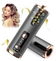 Cordless Hair Curler, Automatic Curling Iron Ceramic Rotating Hair Curler 6 Temperatures & Timer Settings 5000mAh Rechargeable Hair Curling Iron Wand for Curls Waves Anywhere (Bla)