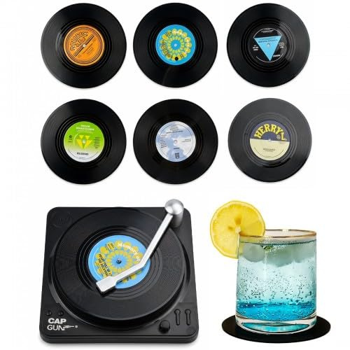 Solvio 6 Pcs Retro Vinyl Record Coasters with Player Holder, Non-Slip Drink Coasters Set, Funny Music Gifts for Men, Vintage Bar Accessories for Home Pub, Retro Room Decor Housewarming Gifts