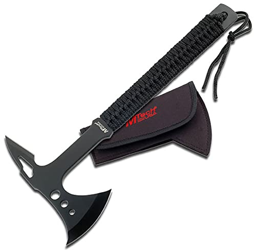MTech USA– Axe – Black Fine Edge Stainless Steel Blade, Full Tang Construction, Black Cord Wrapped Handle, Includes Nylon Sheath, Tactical, Hunting, Survival – MT-AXE8B