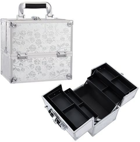 Professional Beauty Vanity Case Cosmetic Makeup Box Nail Polish Storage Beauty Train Case Lockable with Keys(Silver Rose)