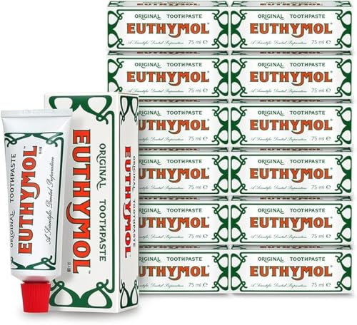 Euthymol Original Dentifricio 75ml x 12, Senza Fluoruro, Antiplacca, Antibatterico, Cavità Protezione, Denti e Gengive pulite e sane, Menta fresca, Cura dentale quotidiana in smalto orale