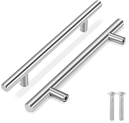 Flexzion 5 Stück Schrankgriffe, Möbelgriffe - 20cm, 128mm Bohrlochabstand Griffe für Küchenschränke, Solide Küchengriffe aus gebürstetem Edelstahl, Küchenschrank Türgriffe, Schubladengriffe, Silber