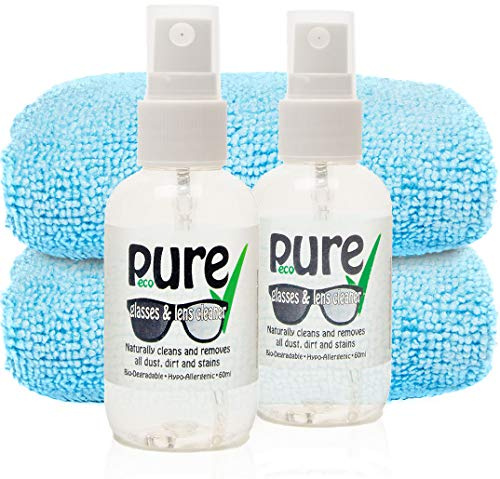 Glasses Sunglasses Lens Cleaning Kit - 2 Handy 60ml Bottles Plus 2 Super Large, Soft Microfibre Cleaning Cloths. This Natural Eco-Friendly Cleaner Easily Removes Dust, Grease, Marks and Stains.