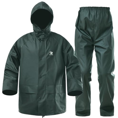 Waterproof Rain Coat Jacket and Pants Unisex Rain Suits Heavyweight(Dark Green, XXX-Large)