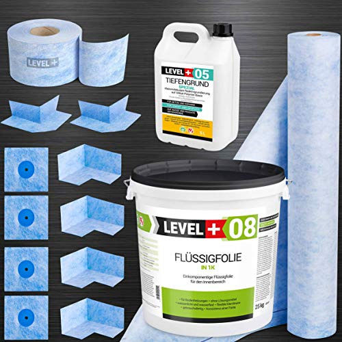 Dicht-Set Bad Dusche 25Kg Flüssigfolie 5L Tiefengrund 25M Dichtband 5M | Dichtbahn 4 Innenecken, 2 Außenecke, 4 Wandmanschetten, SET51
