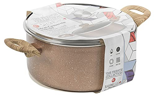 Cocotte anti-adhésive en céramique pour induction avec couvercle en verre (marbre or rose, 24 cm)