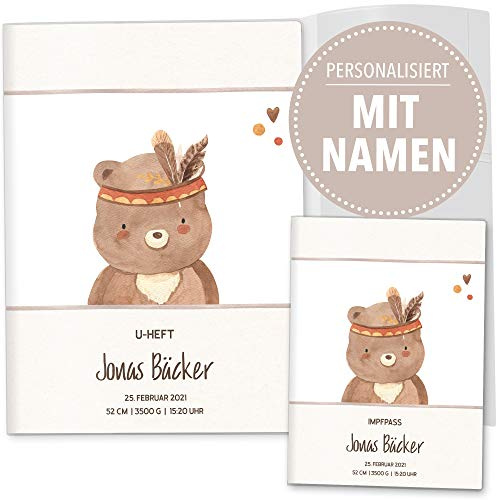 OLGS U-Heft und Impfpasshüllen Set 3-teilig Indianer Freunde Bär | Untersuchungsheft Hülle & Impfpasshülle, Babygeschenk zur Geburt mit Namen, Geburtsdatum - Impfpass, Uhefthülle personalisiert