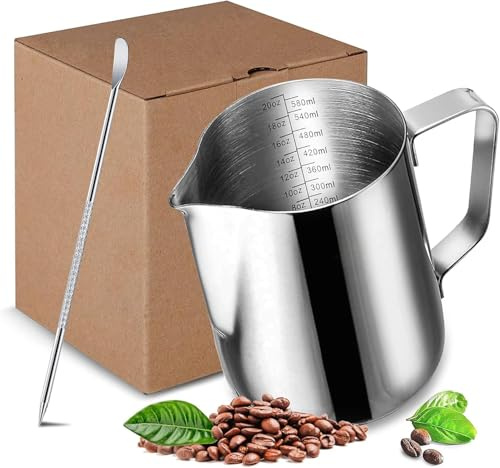 Milk Frothing Pitcher 20oz/600ml, 304 Stainless Steel Milk Jug | Milk Frother Jug with Measurement Mark and Decorating Pen for Latte Art, Cappuccino, Espresso, Dishwasher Safe