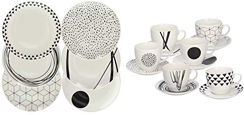 Tognana Servizio tavola 18 Pezzi Graphic, Porcellana, Bianco & Graphic Set 6 Tazzine caffè con piattino Coordinato, 80 CC, Altezza 6 cm, New Bone China, Bianco/Nero