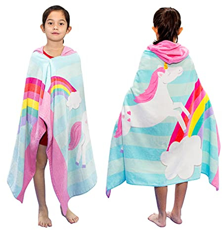BANGSAUR Kinder-Badetuch mit Kapuze, 100% Baumwolle, 127x 76cm Wickel, Kinder, Kleinkinder, Mädchen, Jungen, 3–12 Jahre (Regenbogen-Einhorn)