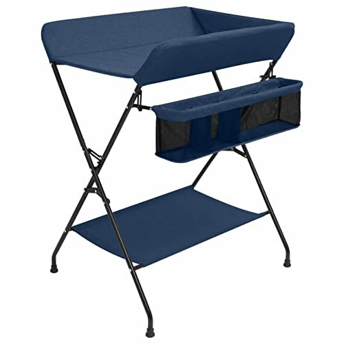 Tidyard Wickeltisch mit Seitlichen Staufächern, Wickelkombi Wickelauflage klappbar Baby Wickeln Eisen Marineblau