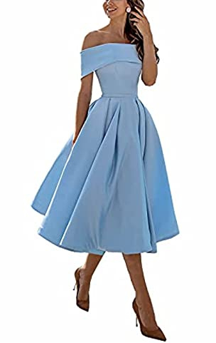 yhfshop Knälång kvällsklänning, 3-fjärdedelar satin kjol trapetsskärning, himmelsblå E,US16, Balfest brudtärna klänning