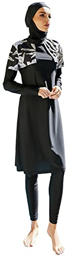 OBEEII Muslimischer Badeanzug Konservativer Bademode Burkini Frauen Von Hijab Swimwear Islamischer Top + Hose + Turban Modest Muslimisches BadeanzugSet Schwarz04 L
