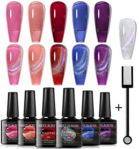 MEET ACROSS UV Gel Nagellack Cat Magnet Eye 9D Chamäleon Sternenhimmel Effekt Magie Set Glitter Reflektierend Magnetisch Mit Magnetstift