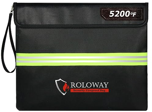 ROLOWAY Fireproof Document Bag (14 x 11 inch) with 5200℉ Upgraded Aluminum Foil Layer, Fireproof Bag for Documents with Reflective Strip and Zipper (Black)