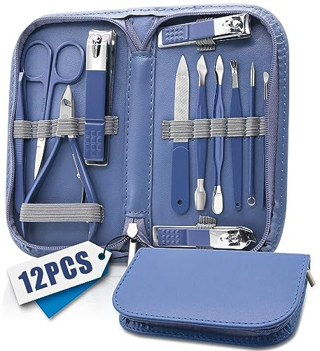 Nagelset Maniküre, Fingernagel Pflege Set, Professionell Nageletui Damen Männer, Pediküre Nagelknipser Set, Nagelknipser Fußnägel & Gelnägel, Fingernagel Pflege Set mit Blauer Leder-Reisetasche